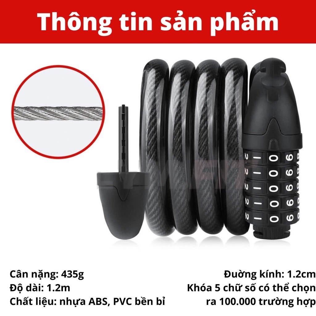 Khoá dây xe đạp 5 số cao cấp bền bỉ chất lượng cao cho xe đạp xe máy đa dụng chống trộm (Màu ngẫu nhiên)- HENRYSA