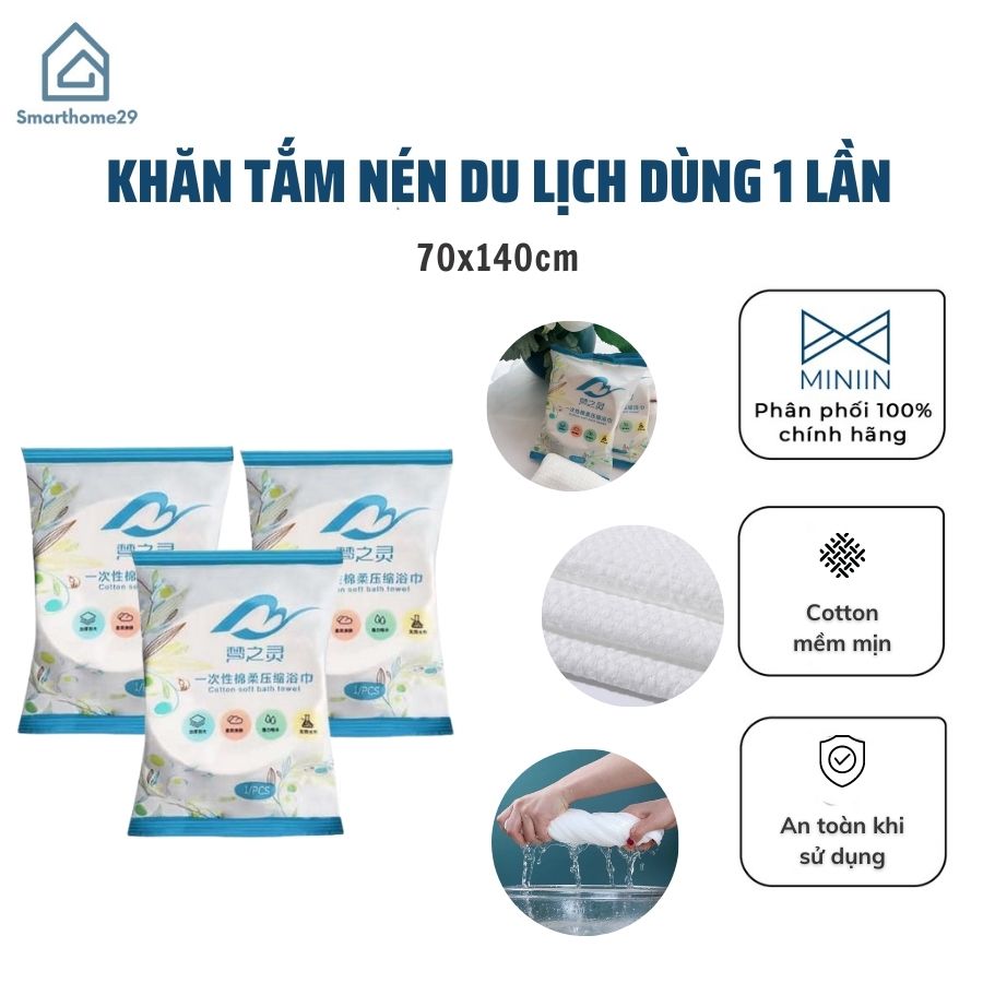 Khăn tắm nén du lịch (70x140cm) bằng cotton thấm hút tốt, dùng một lần tiện lợi - Chính hãng MINIIN