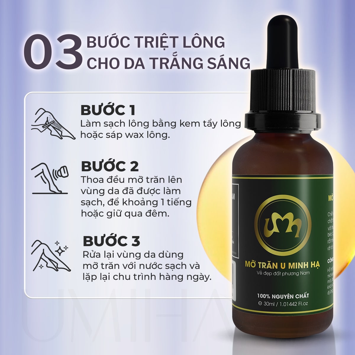 Mỡ trăn triệt lông U Minh Hạ nguyên chất (10/30ml) UMIHA dùng cho vùng Chân, Tay, Nách, Bikini, Body tại nhà hiệu quả an toàn tiết kiệm