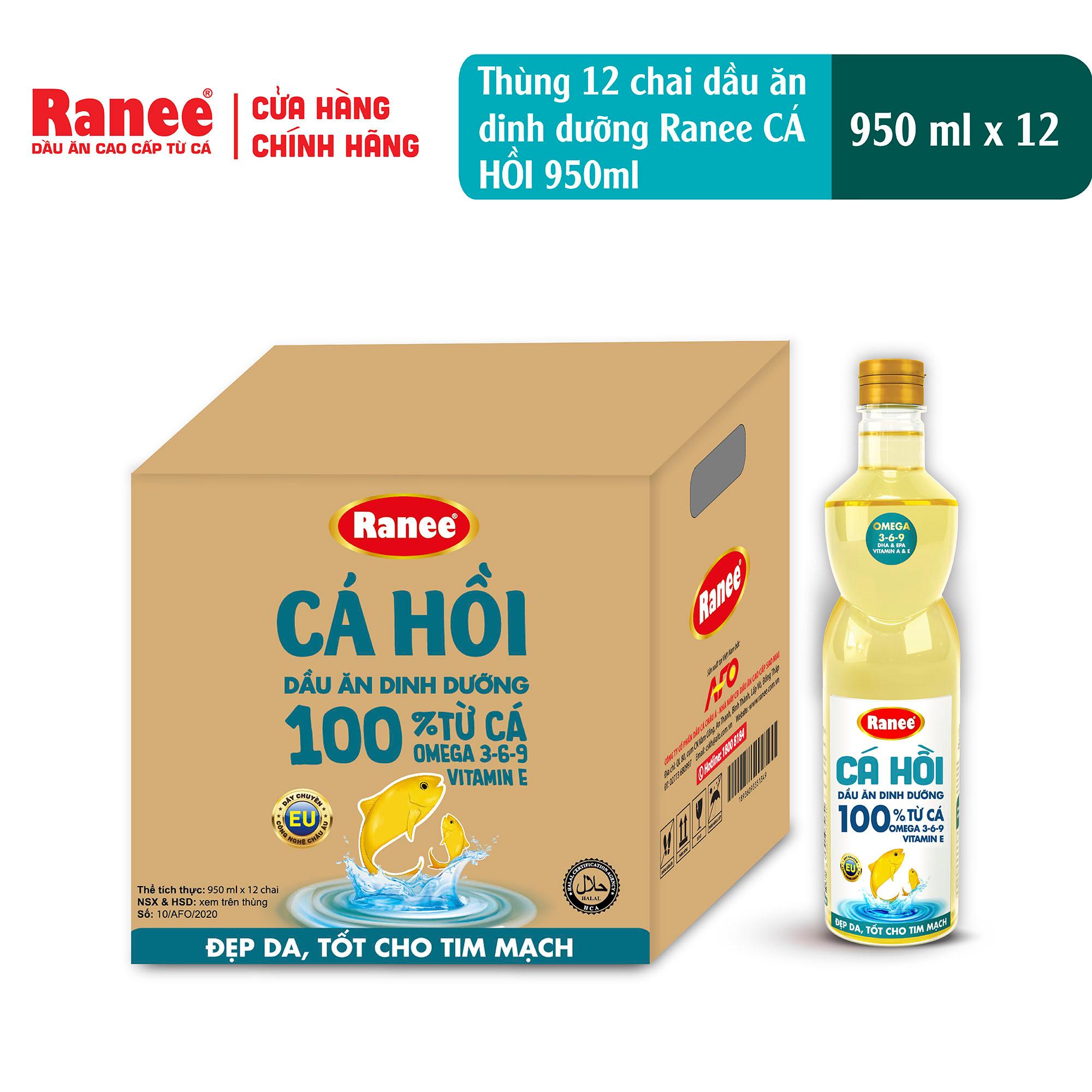 Thùng dầu ăn dinh dưỡng Ranee Cá Hồi 950ml (950ml/chai x 12 chai)