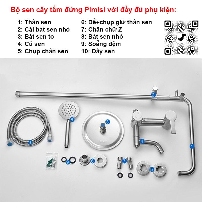 Bộ vòi hoa sen cây tắm đứng nóng lạnh inox 304 kiểu tròn Pimisi đầy đủ phụ kiện với bát sen to - bát nhỏ cầm tay tăng áp dùng được cho cả nhà tắm nhỏ và thấp | Hàng chính hãng