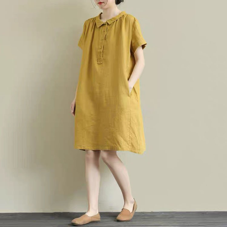 Đầm suông linen cổ sen vuông form rộng trẻ trung, chất vải linen mềm mát, thời trang phong cách Nhật Bản