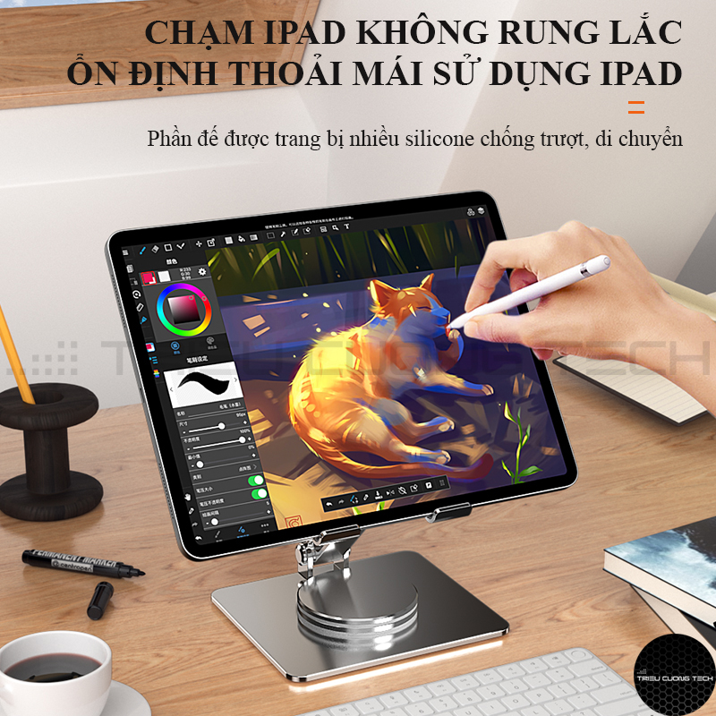 Giá Đỡ Dành Cho Máy Tính Bảng iPad Tablet Điện Thoại (All size) Hợp Kim Nhôm Nguyên Khối Xoay Chuyển 360 Độ-Nâng Hạ Điều Chỉnh Góc Nhìn Tùy Thích-Gấp Gọn Tiện Lợi-Hàng Chính Hãng