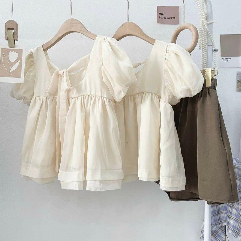 Áo babydoll, set đồ nữ babydoll tay phồng, đồ bộ nữ kiểu thắt nơ siêu xinh kèm quần short, mặc đi chơi vintage, BO007