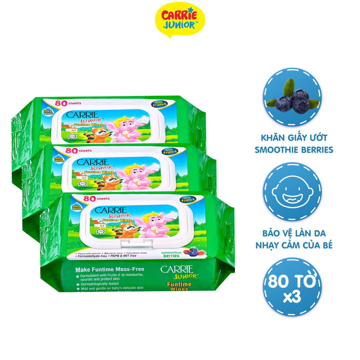 Combo 3 Gói Khăn Giấy Ướt Carrie Junior Funtime Smoothie Berries 80 tờ/gói