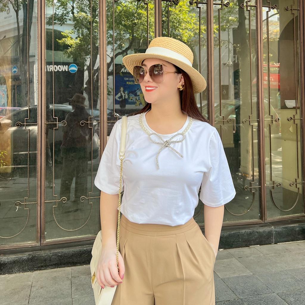 Áo thun trắng kiểu đính nơ phụ kiện cao cấp, nữ tính, trendy, dáng rộng - Peony