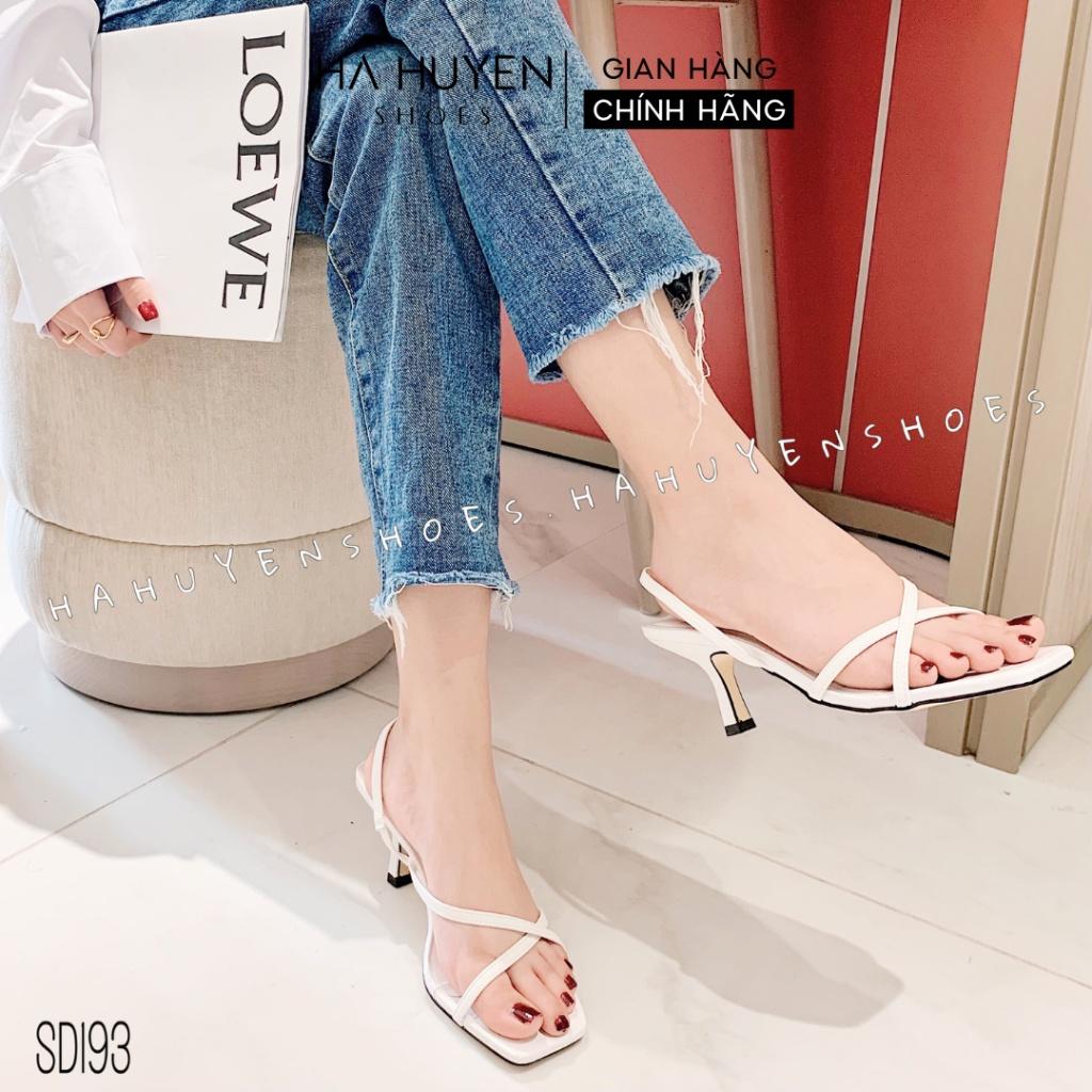 Sandal cao gót nữ Hà Huyền Shoes da vân quai chéo mảnh hậu chun gót nhọn 7 phân - SD193