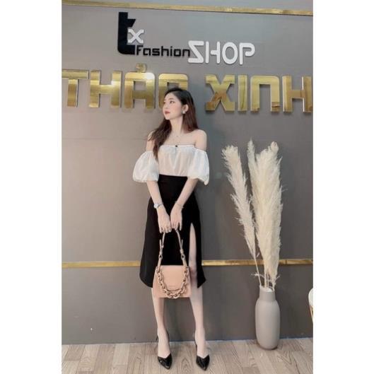 TBO-Sét áo trắng tay phồng trễ vai kèm chân váy xẻ tà màu đen cực xinh TASA