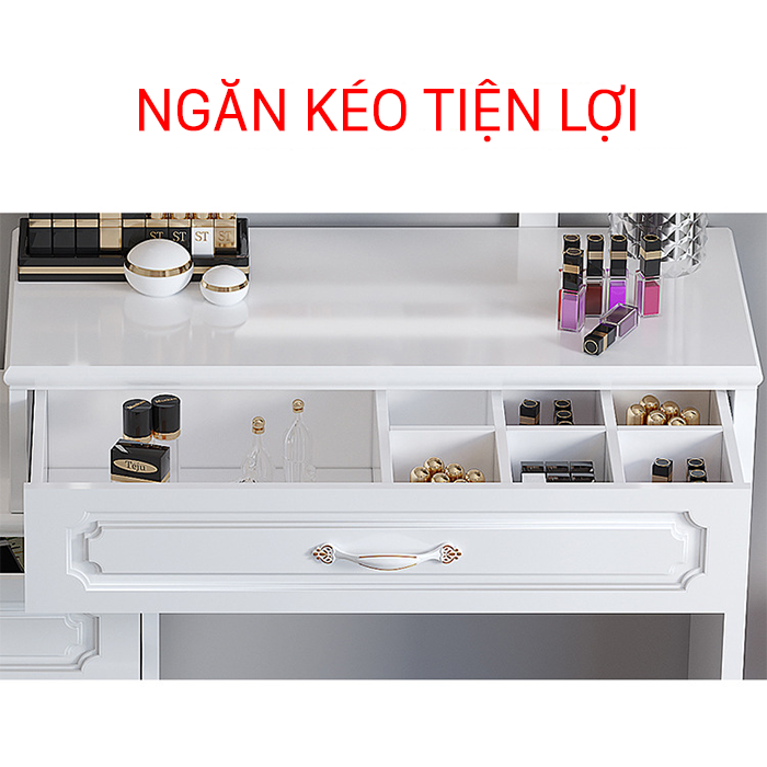 Bàn Phấn Tân Cổ Điển Màu Trắng Decor Phòng Ngủ Đẹp - Bàn Trang Điểm Có Gương Đèn Led Cảm Ứng Kèm Ghế