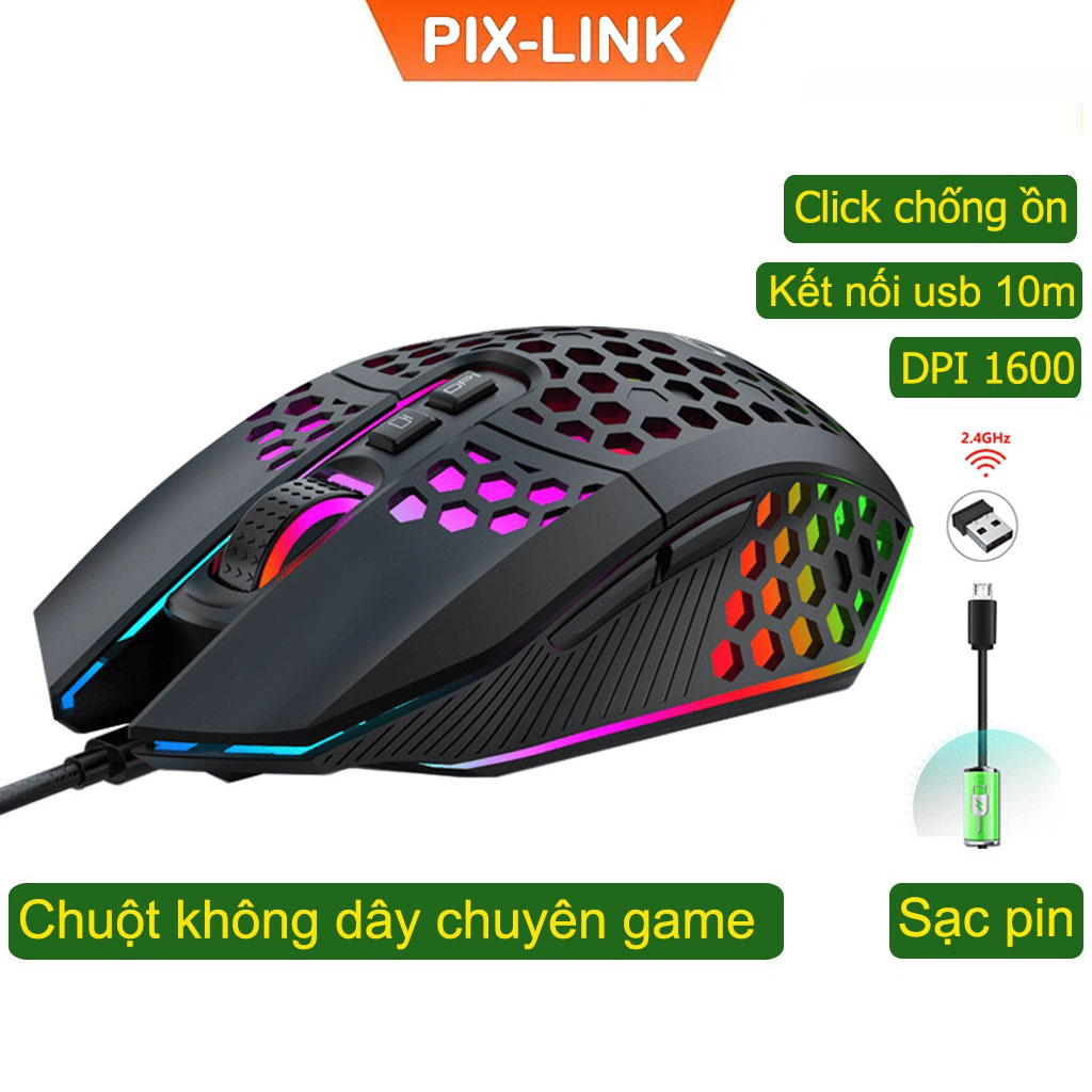 Chuột không dây chơi game PIXLINK X801 thiết kế độc lạ Led RGB đổi màu click chống ồn DPI 1600 - Hàng chính hãng/ Hàng nhập khẩu