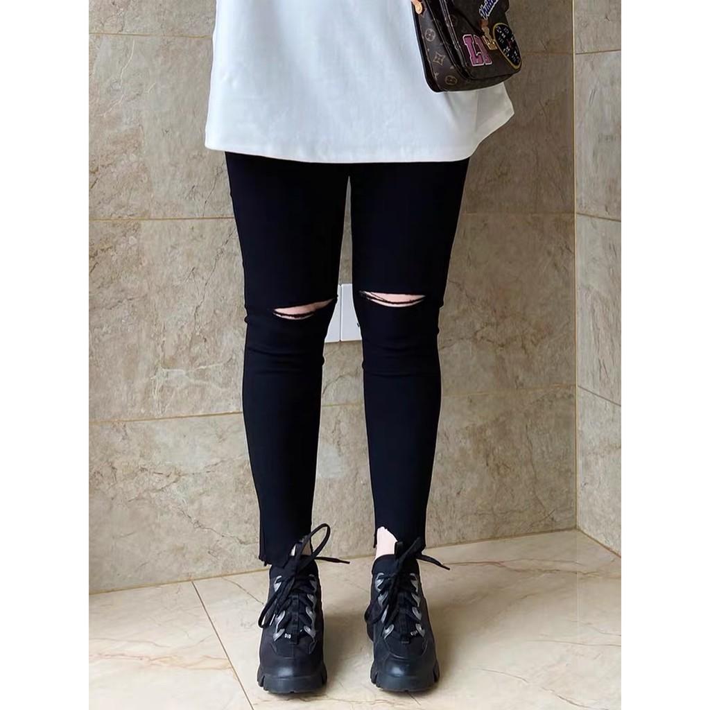 Quần jean nữ dài màu đen tuyền lưng cao co dãn mạnh, rách kiểu dành cho Big Size 2707