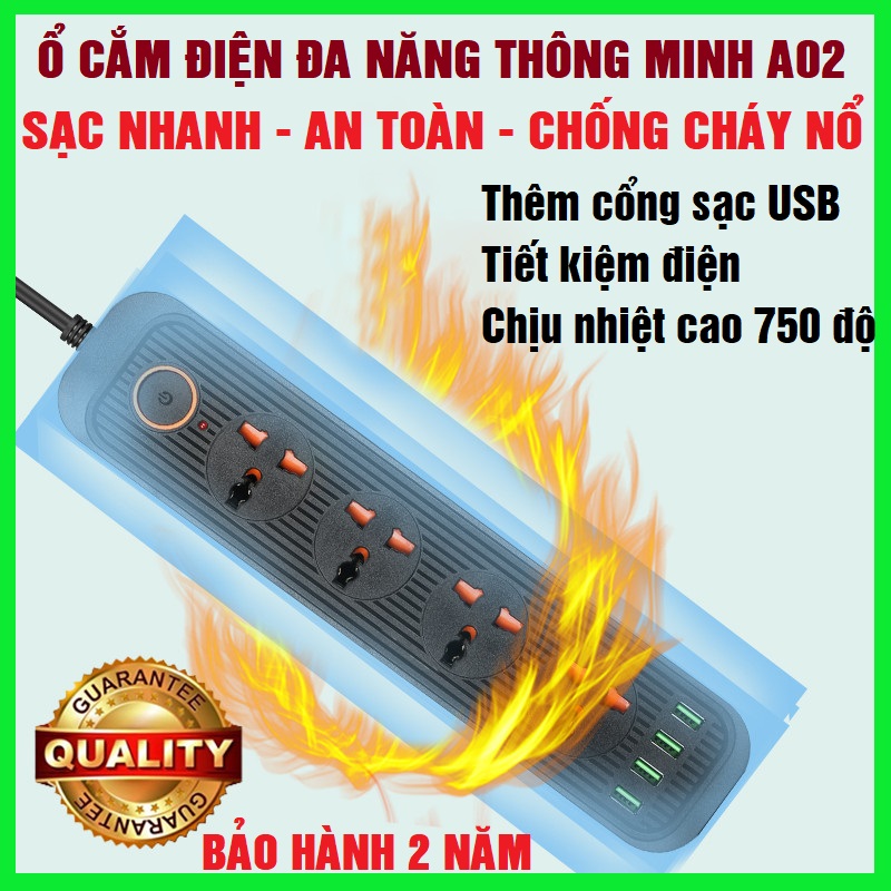 Ổ điện đa năng thông minh 6 cổng sạc usb, 6 rắc cắm nguồn 220V công suất chịu tải 3000w