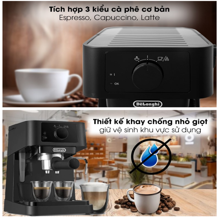 Máy pha cà phê cao cấp thương hiệu Espresso Delonghi EC235.BK - Công suất 1100W - HÀNG NHẬP KHẨU CHÍNH HÃNG