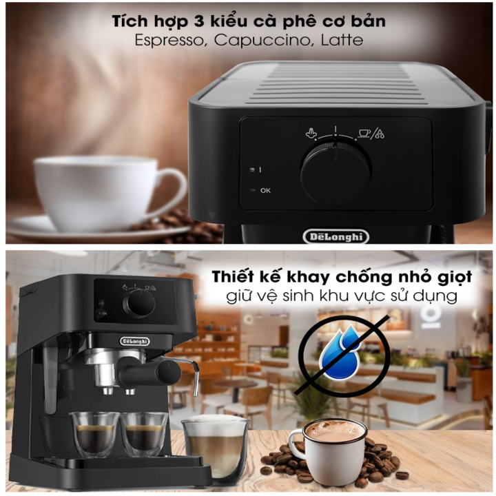 Máy pha cà phê Espresso nhãn hiệu Delonghi EC235.BK công suất 1100 với dung tích 1 lít Áp suất 15 bar - HÀNG NHẬP KHẨU