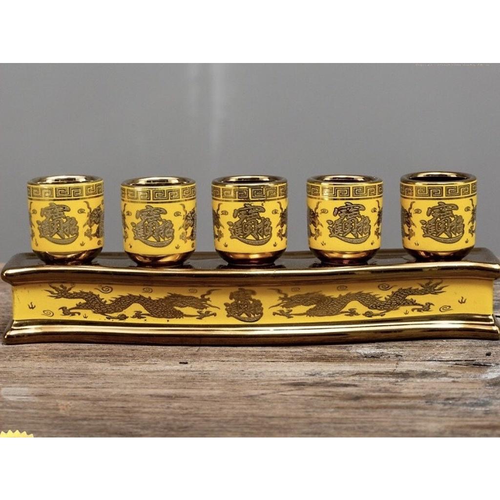 Bộ kỷ chén 5 ly mẫu khay thẳng chữ Phúc bằng sứ kim sa hình rồng chữ phúc hán TM121182- Đồ thờ Tịnh Phương