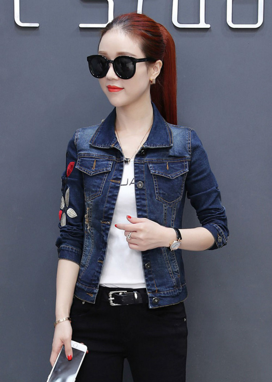 Áo Khoác Jean Nữ Tay Thêu Hoa Túi Khoen AK625 - Xanh Đậm (Size