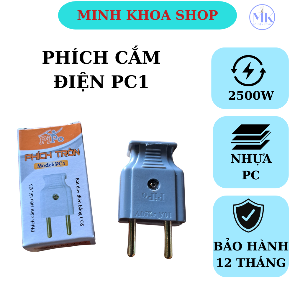 Phích Cắm Điện, Phích Cắm PIPO PC1 chịu tải 2500w, Nhựa PC chống cháy chống vỡ