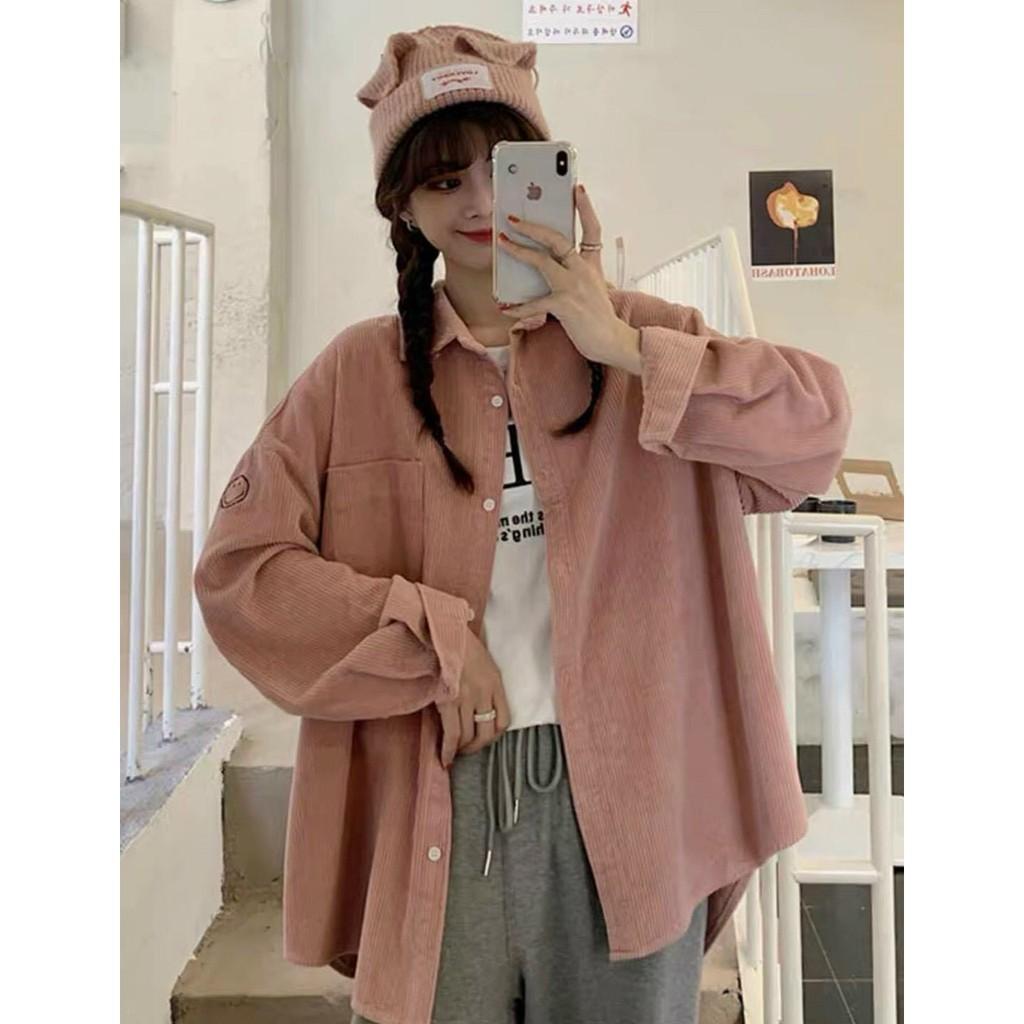 Áo Sơ Mi Nhung Gân Mặt Cười Form Rộng Unisex Nam Nữ Phong Cách Hàn Quốc Ulzzang