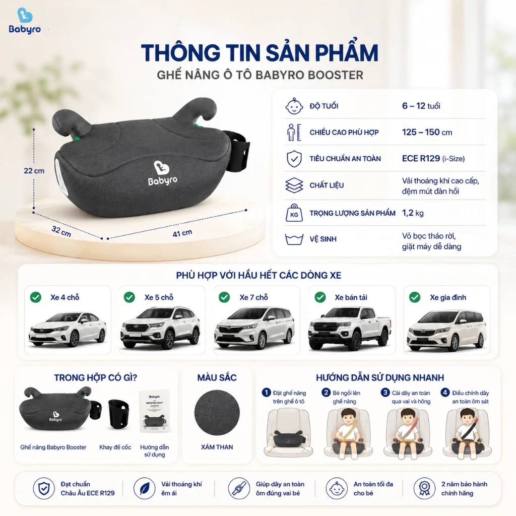 Ghế ngồi ô tô cho trẻ em Babyro Booster (Không isofix), 6-12 tuổi, ghế nâng chuẩn an toàn ECE R129 (i-Size) - Hàng chính hãng