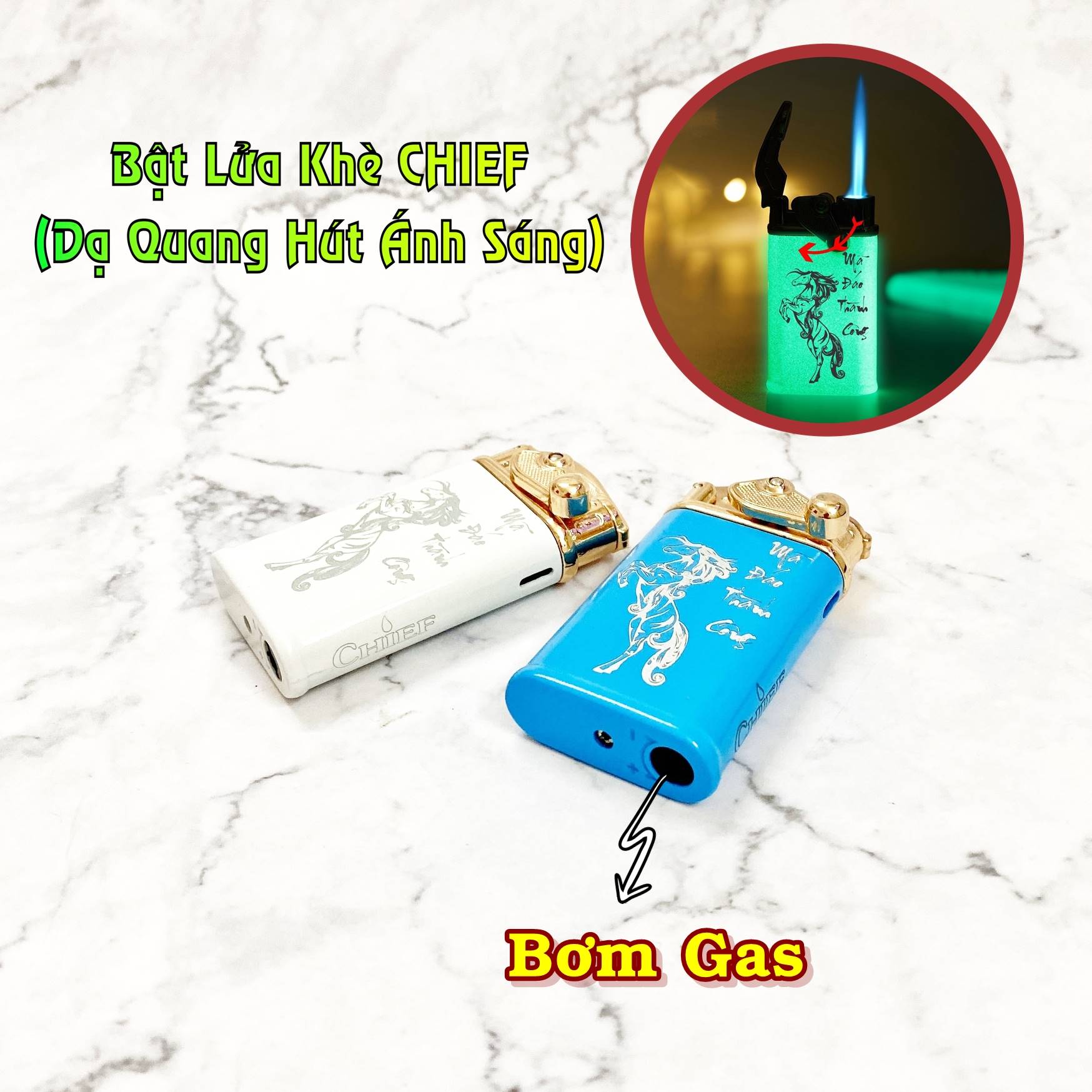 Hộp quẹt bật lửa khè Chief búng tay đánh lửa dạ quang hút ánh sáng hình mã đáo thành công - (xài gas)