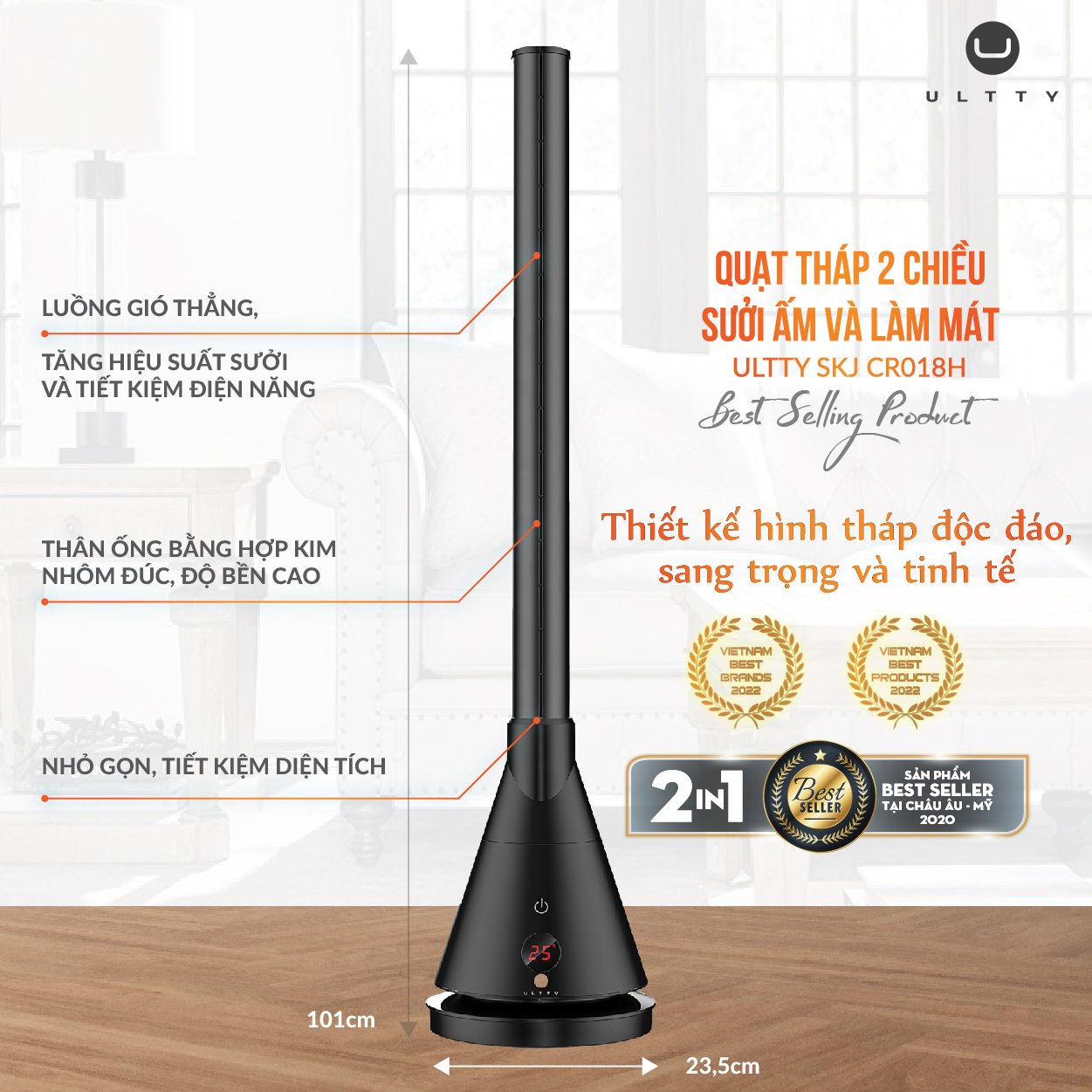 Quạt Làm Mát Và Sưởi Ấm ULTTY SKJ-CR018H, Chất Liệu Sưởi Gốm Ceramic Không Đốt Cháy Oxy, Không Khô Da, Tự Động Tắt Khi Quá Nhiệt - Màu Trắng - Hàng Chính Hãng