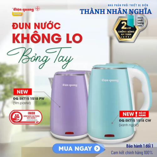 Ấm siêu tốc Điện Quang ĐQ EKT15 1518 đế xoay 360 độ, tự động ngắt điện hàng chính hãng