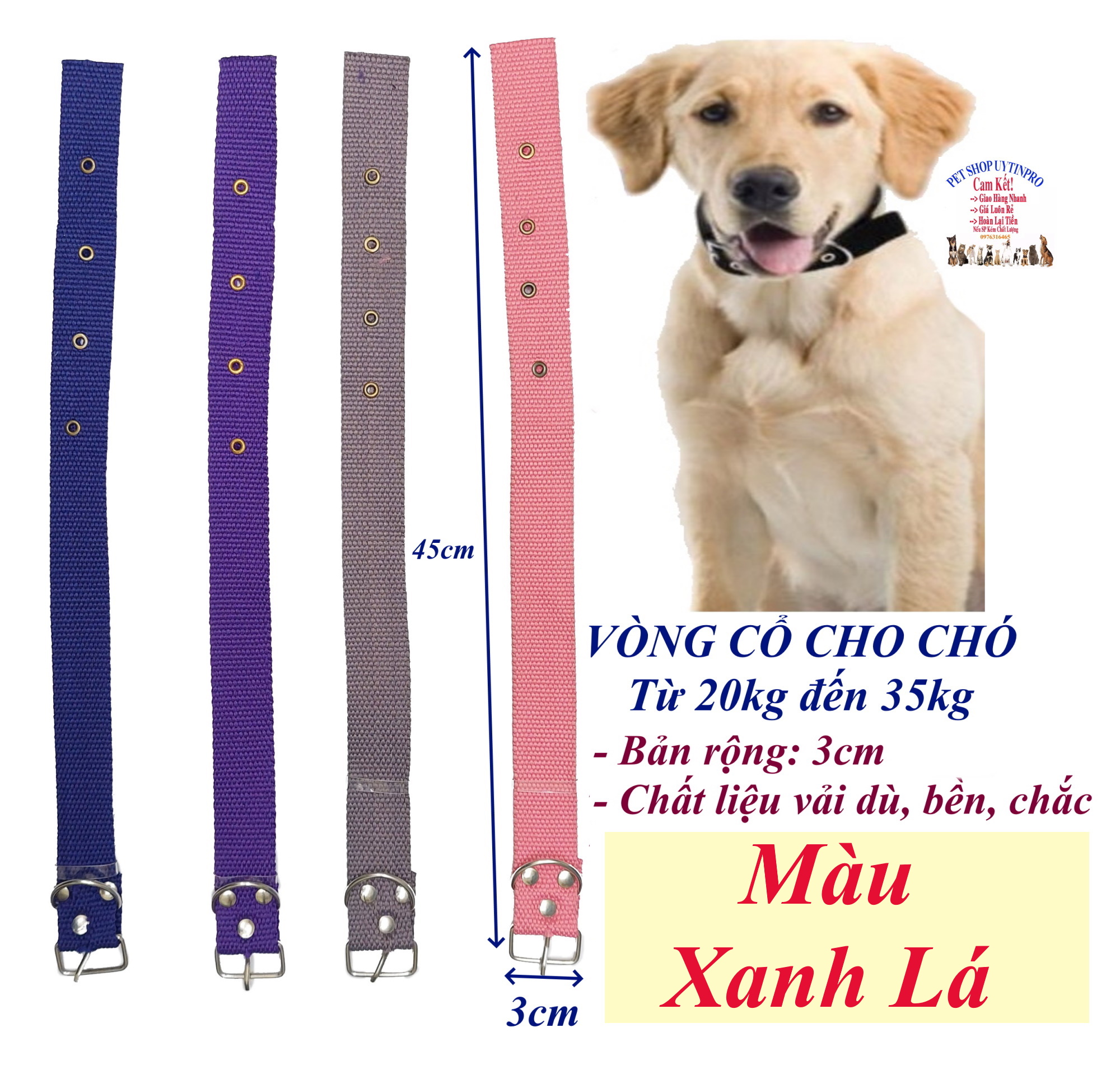 Vòng cổ cho Chó từ 20kg đến 35kg Bản rộng 3cm Chất liệu vải dù dày bền chắc, Có gài điều chỉnh, An toàn cho thú cưng