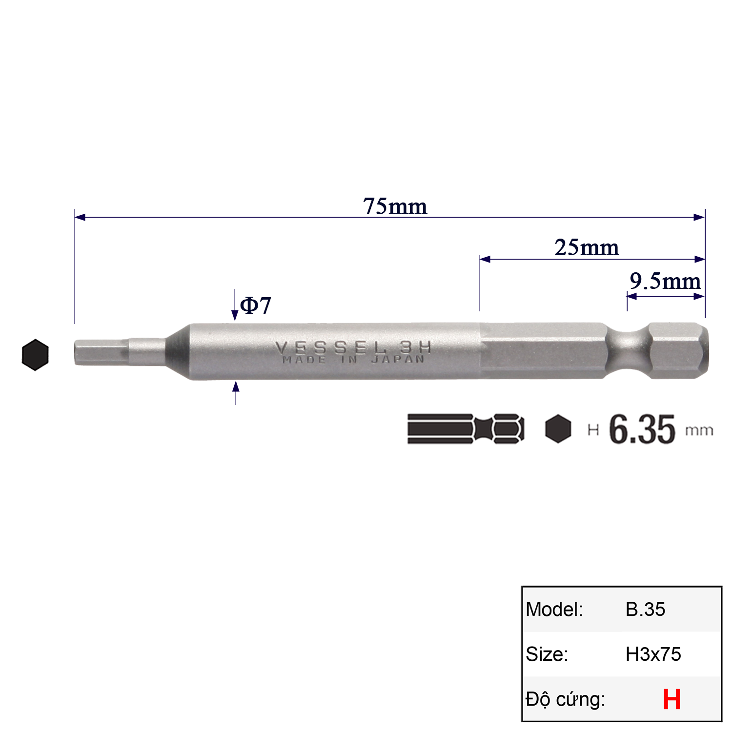 Mũi vặn vít đầu lục giác H3 chuôi lục giác H = 6,35 Vessel (Nhật Bản)