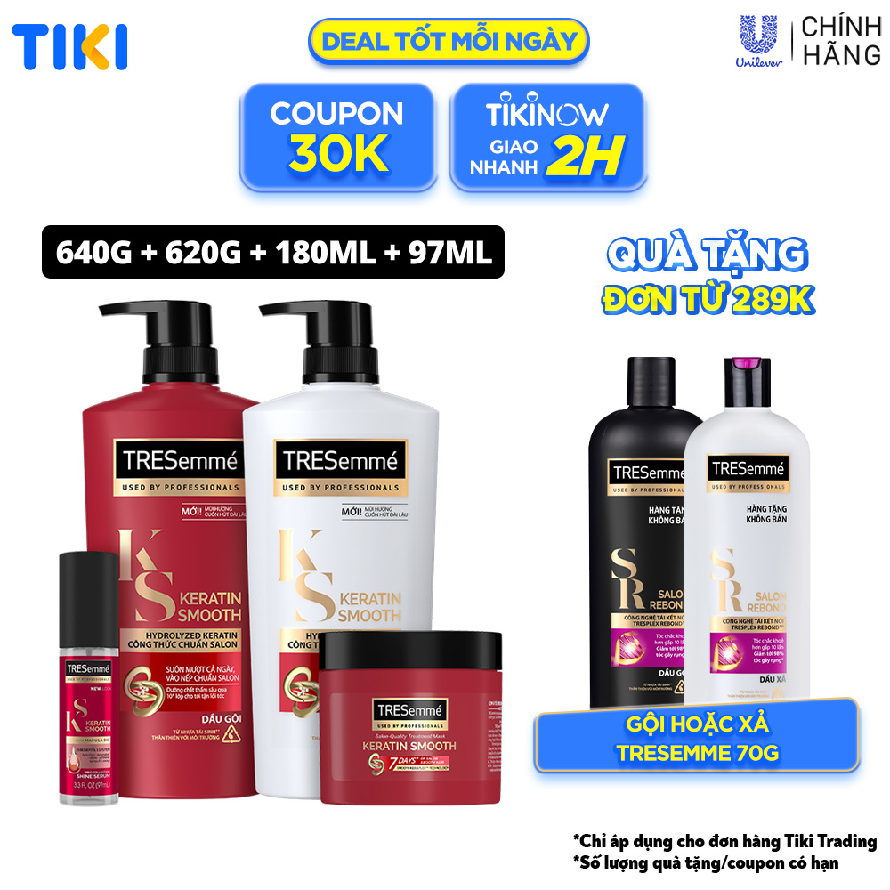 Combo Dầu gội, Dầu xả, Kem ủ & Serum TRESEMME Keratin Smooth Dưỡng tóc vào nếp suôn mượt với công thức Hydrolyzed Keratin 640g, 620g, 180ml, 97ml