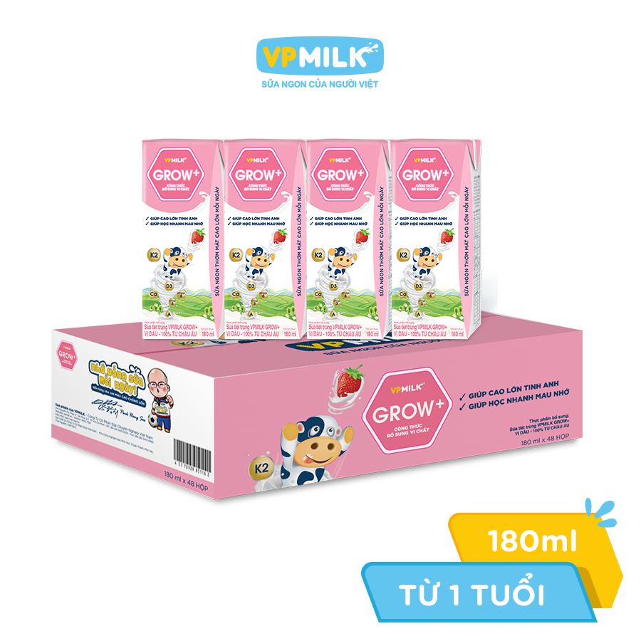 Sữa Tiệt Trùng Có Đường VPMilk Grow+ Vị Dâu Hộp 180ml (Thùng 48 Hộp)