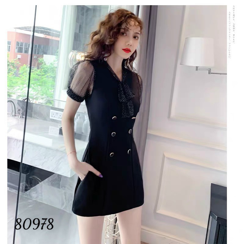 Đầm ôm body cổ nơ tay lưới tặng kèm quần xinh xắn đủ size từ 38-71kg