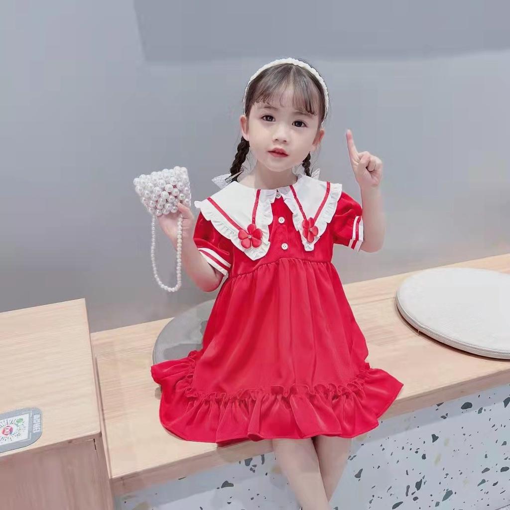 Đầm xòe babydoll cổ hoa phong cách Hàn Quốc cho bé gái size 12-40kg chất kate mềm mát