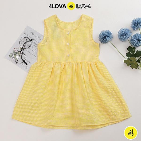 Váy bé gái công chúa sát nách 4LOVA thô cotton họa tiết kẻ xinh xắn, thoáng mát