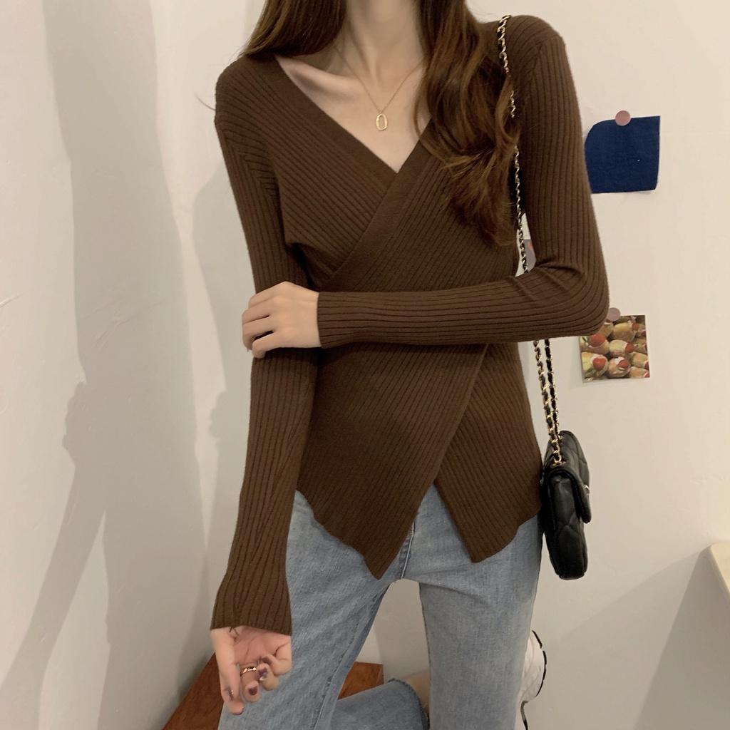 Áo sweater dệt kim cổ chữ V duyên dáng thời trang cho nữ 2186162