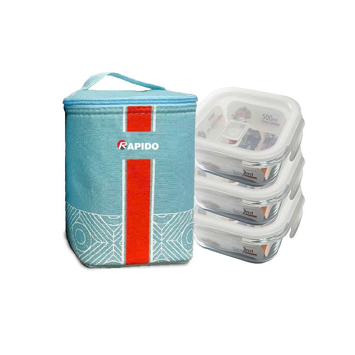 Bộ 3 bát thủy tinh 500ml có nắp kèm túi giữ nhiệt Rapido, hộp đựng thực phẩm thủy tinh chịu nhiệt cao - Hàng chính hãng