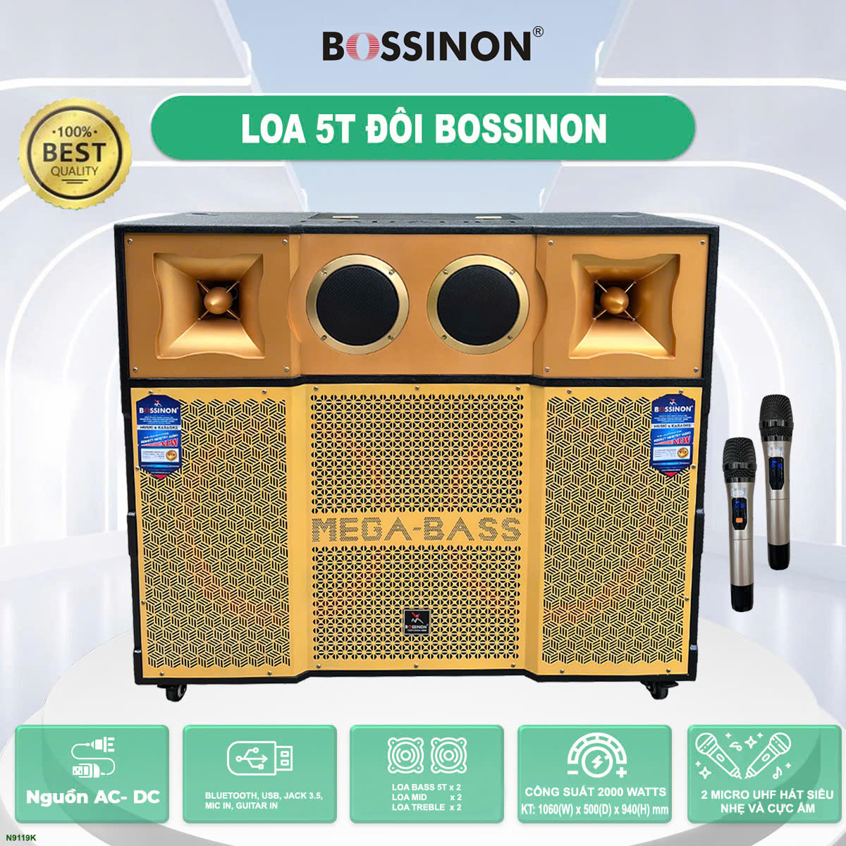 Loa tủ công suất lớn bass 50 đôi Bossinon N9119K - Công suất 3000W - Hàng Chính Hãng