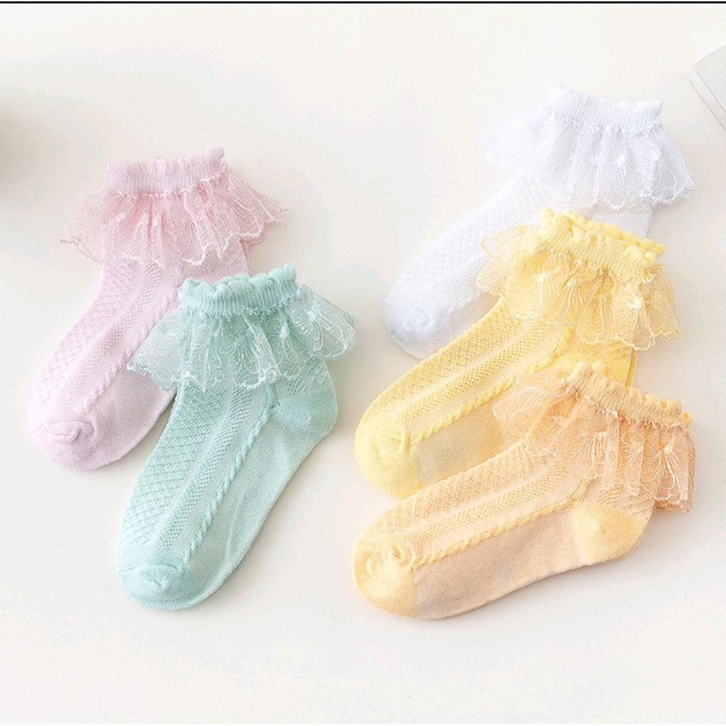 Tất Cho Bé Gái Thêu Rên 100% Cotton Chống Trơn Trượt Hàng Xuất Nhật Tất Trẻ Em Từ 0- 2 Tuổi