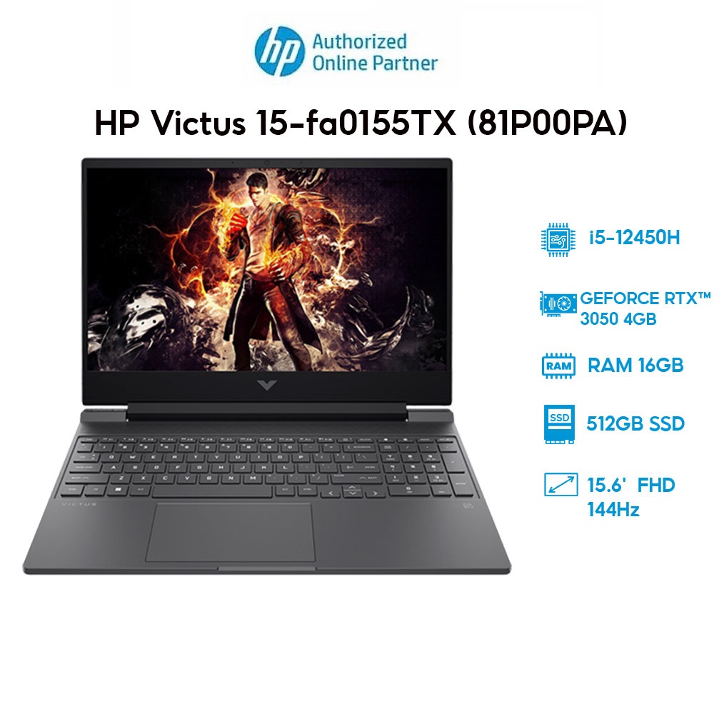 Laptop HP Victus 15-fa0155TX 81P00PA i5-12450H|16GB|512GB|RTX 3050 4GB|15.6' 144Hz Hàng chính hãng
