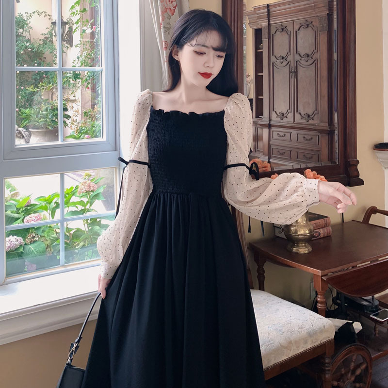 Đầm Nữ Dịu Dàng Cổ vuông xếp ly nhỏ thanh lịch đầm đen cao cấp màu trà nâu siêu cổ tích lưới khâu đầm ngọt ngào Sica19