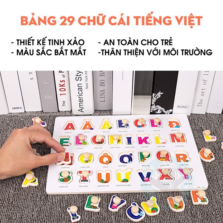 Bảng Chữ Cái Tiếng Việt Có Núm Gỗ, Bảng Núm Gỗ Học Tiếng Việt Cho Bé, Họa Tiết, Màu Sắc Tươi Sáng, Tạo Hứng Thú Cho Bé Khi Chơi