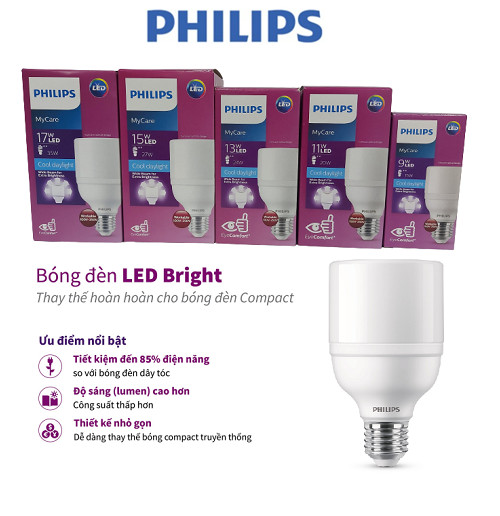 Bóng đèn PHILIPS LED Bright E27-Công suất (9W, 11W, 13W, 15W, 17W) ánh sáng vàng, ánh sáng trắng