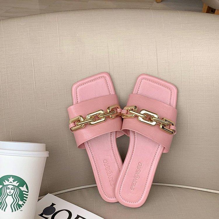 Fashionable Square Chain Decorated Low Heel Flat Slippers for Women
