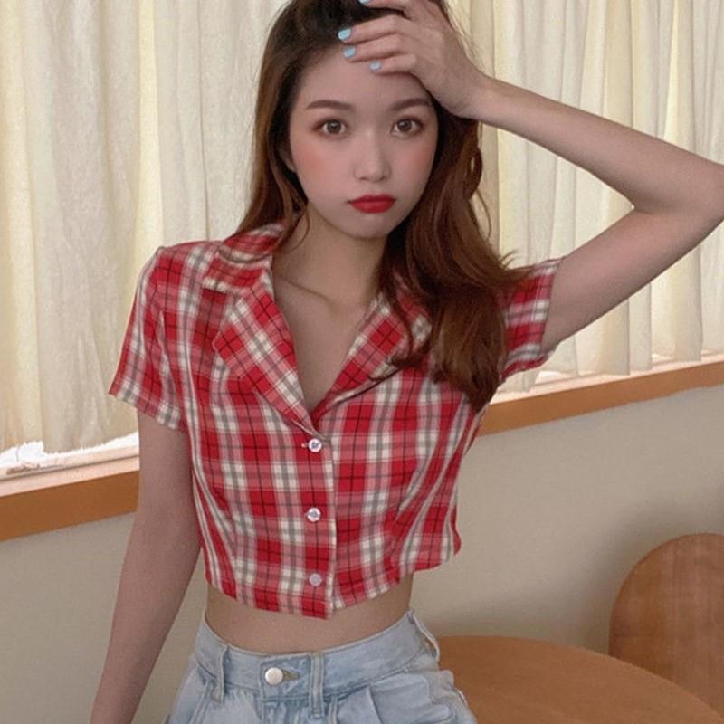 Áo croptop sơ mi cổ vest kẻ caro cao cấp