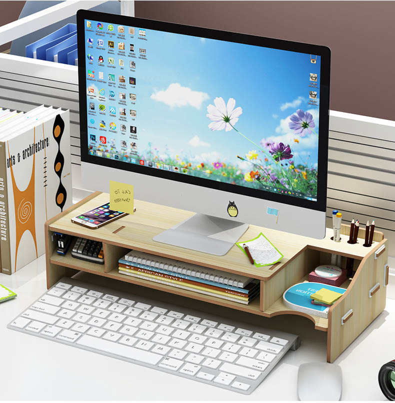 Kệ máy tính để bàn kệ đỡ màn hình vi tính giảm mỏi cho dân văn phòng kệ sách kệ hồ sơ để bàn kèm cắm viết bằng gỗ 2 màu nâu sáng tùy chọn - Tặng kèm 1 móc khóa khung hình thời trang