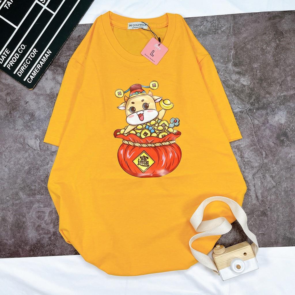 ÁO THUN TAY NGẮN TRÂU TẾT 2021 ÔM TÚI TIỀN NAM NỮ SIZE M L XL