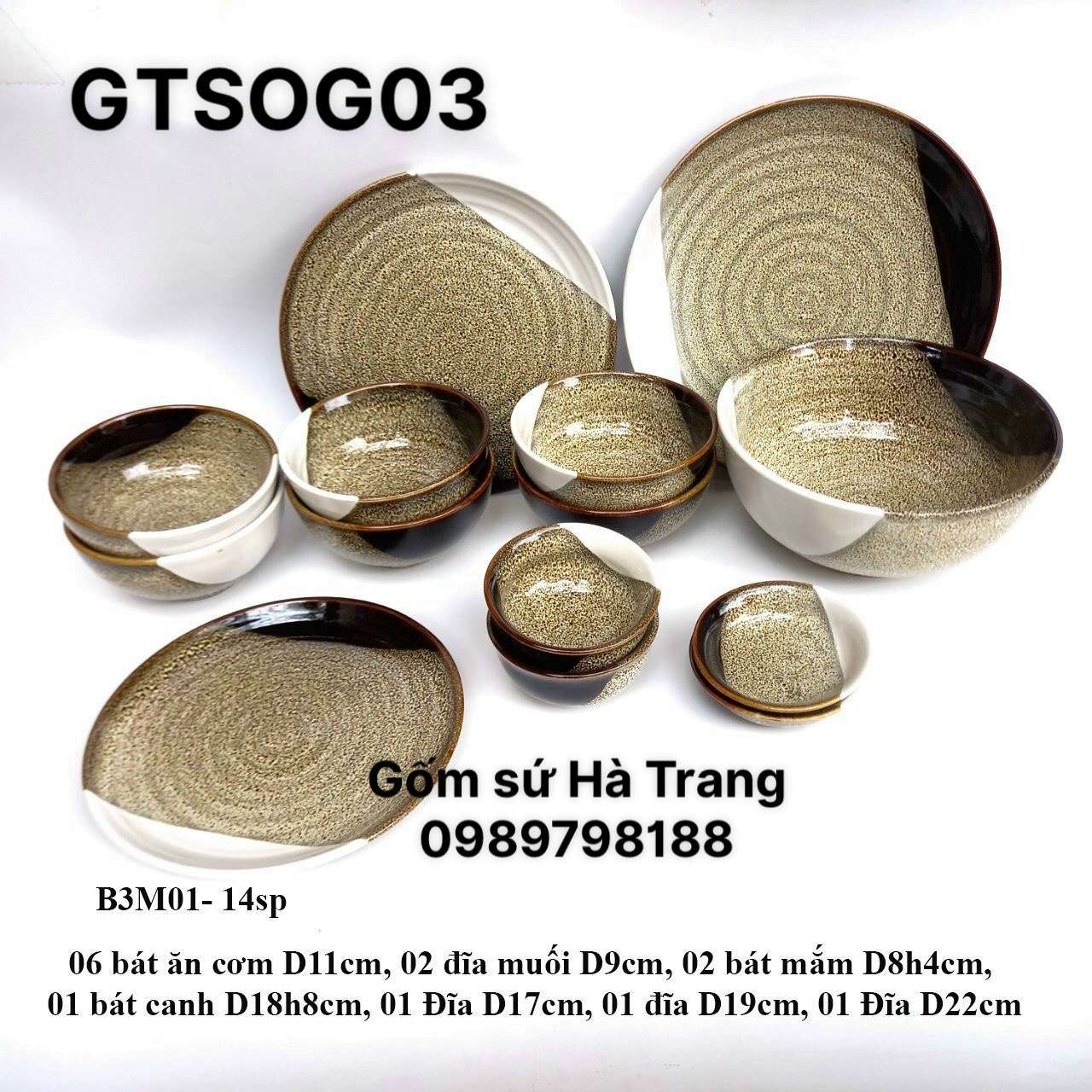 Bộ bát đĩa gốm sứ Bát Tràng cao cấp men hoả biến gấm tam sắc GTSOG003