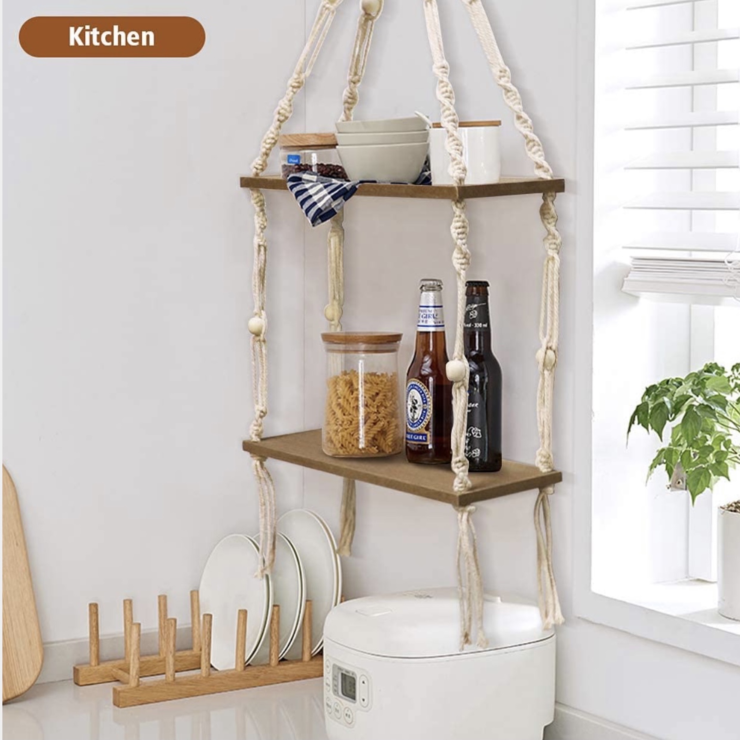 Kệ gỗ treo tường 2 tầng, tết dây thủ công, màu nâu, KT 40x15cm. 2T17321