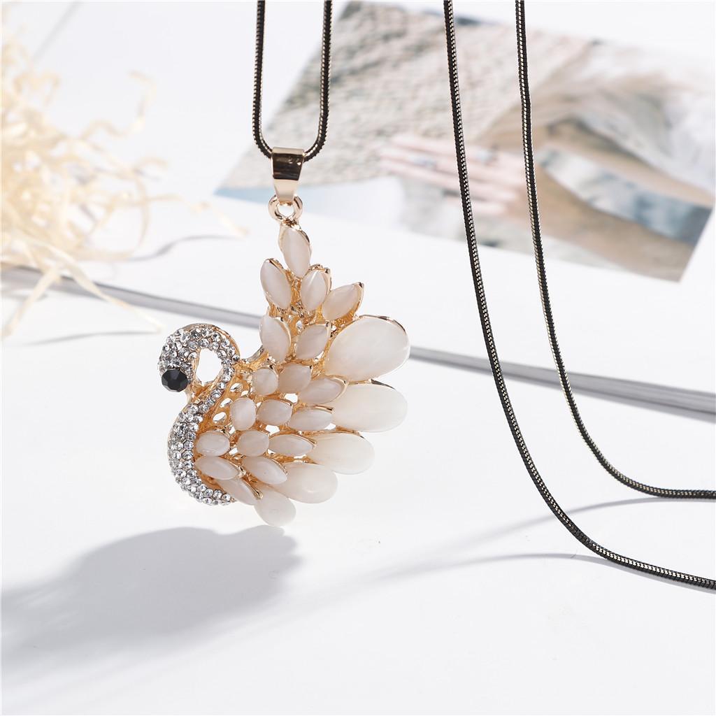 Charm Opal Crystal Swan Pendant Necklace Rhinestone Sweater Chain Necklace
