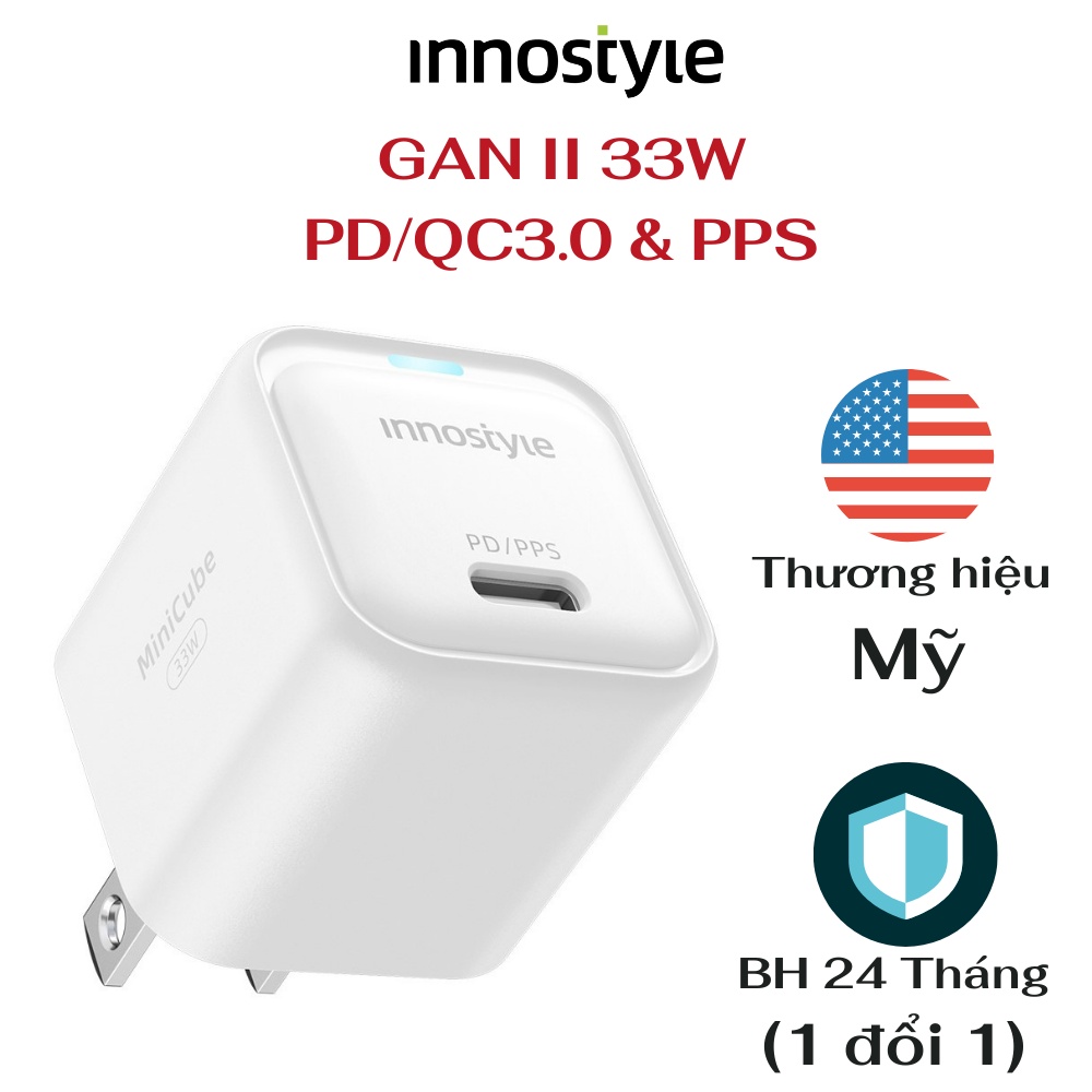 Củ Sạc Nhanh Innostyle MiniCube Gan II 33W PD/QC3.0 &amp; PPS for iPhone/Macbook/Samsung/Tablet IC33PD - Hàng chính hãng