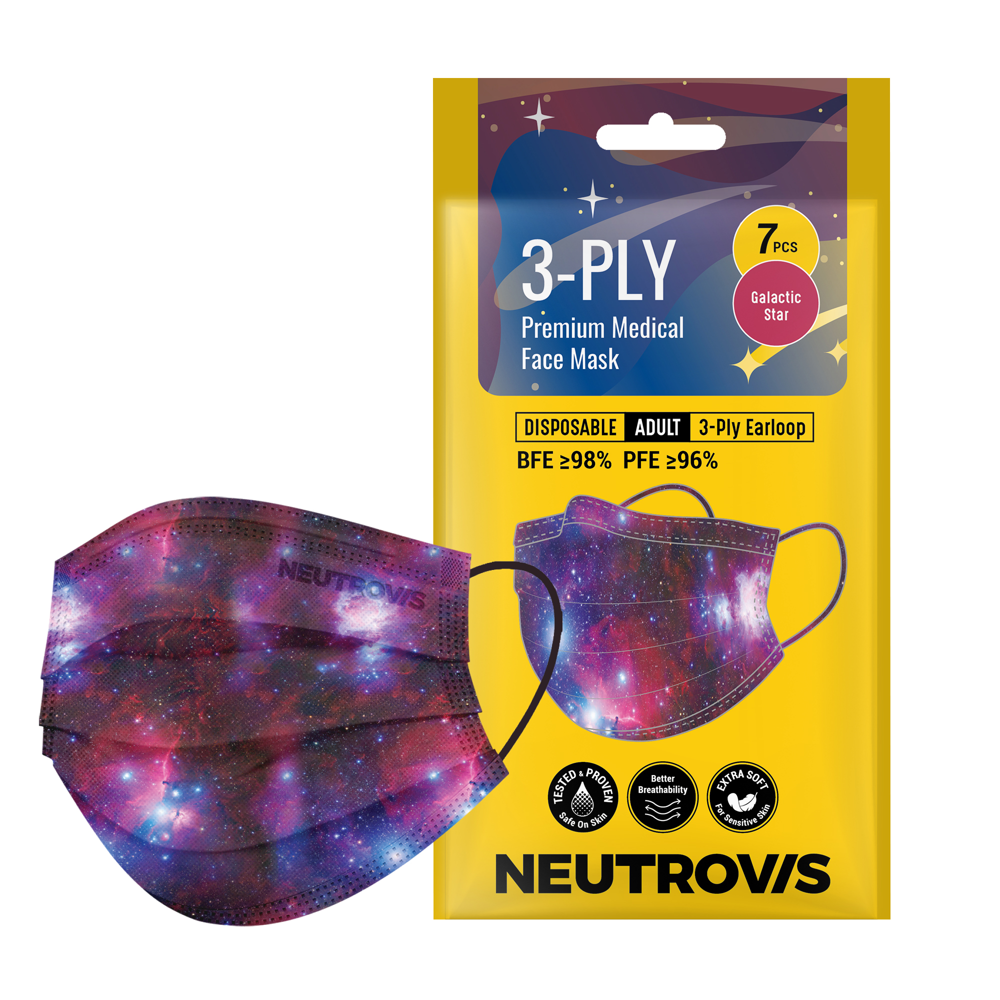 Khẩu Trang Cao Cấp Kháng Khuẩn 3 Lớp Neutrovis - Violet Nebula (7 Cái/Túi)